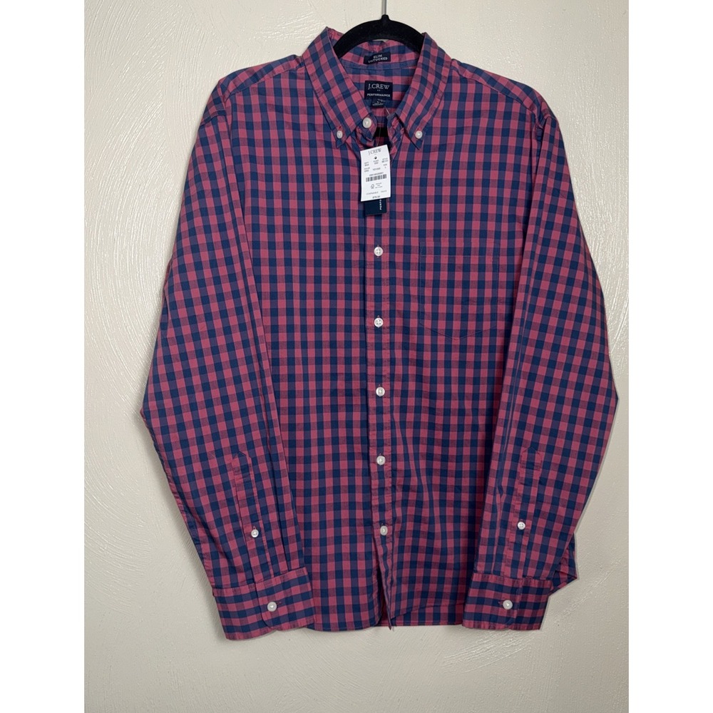 J.Crew Men's Slim Untucked Performance Button Down Shirt L Pink Navy Gingham New